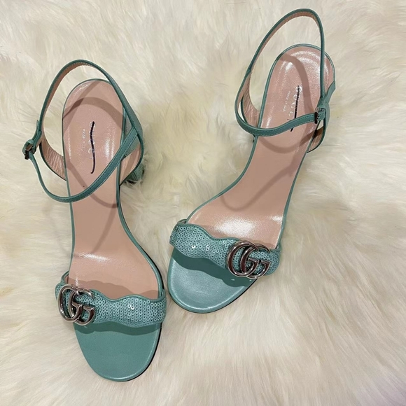 Gucci Green Sequin Gg Marmont Mid Heeled Sandals - Picture 10 of 13